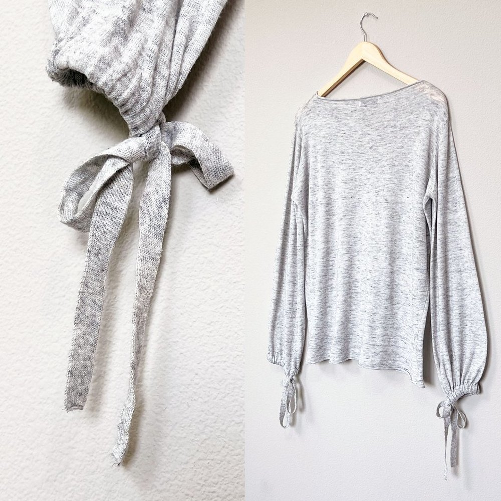 Zara Heather Gray Long Bow Tie Strap Cuff Balloon Sleeves Light Weight Sweater S - Picture 4 of 11